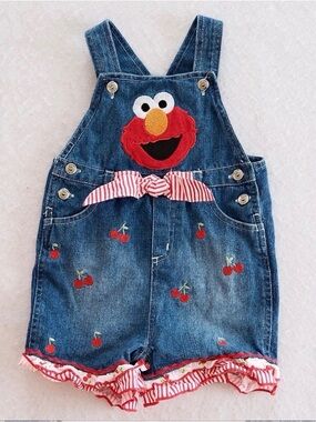 Vintage Elmo Embroidered Denim Kids Overalls with Lace Size 18 months